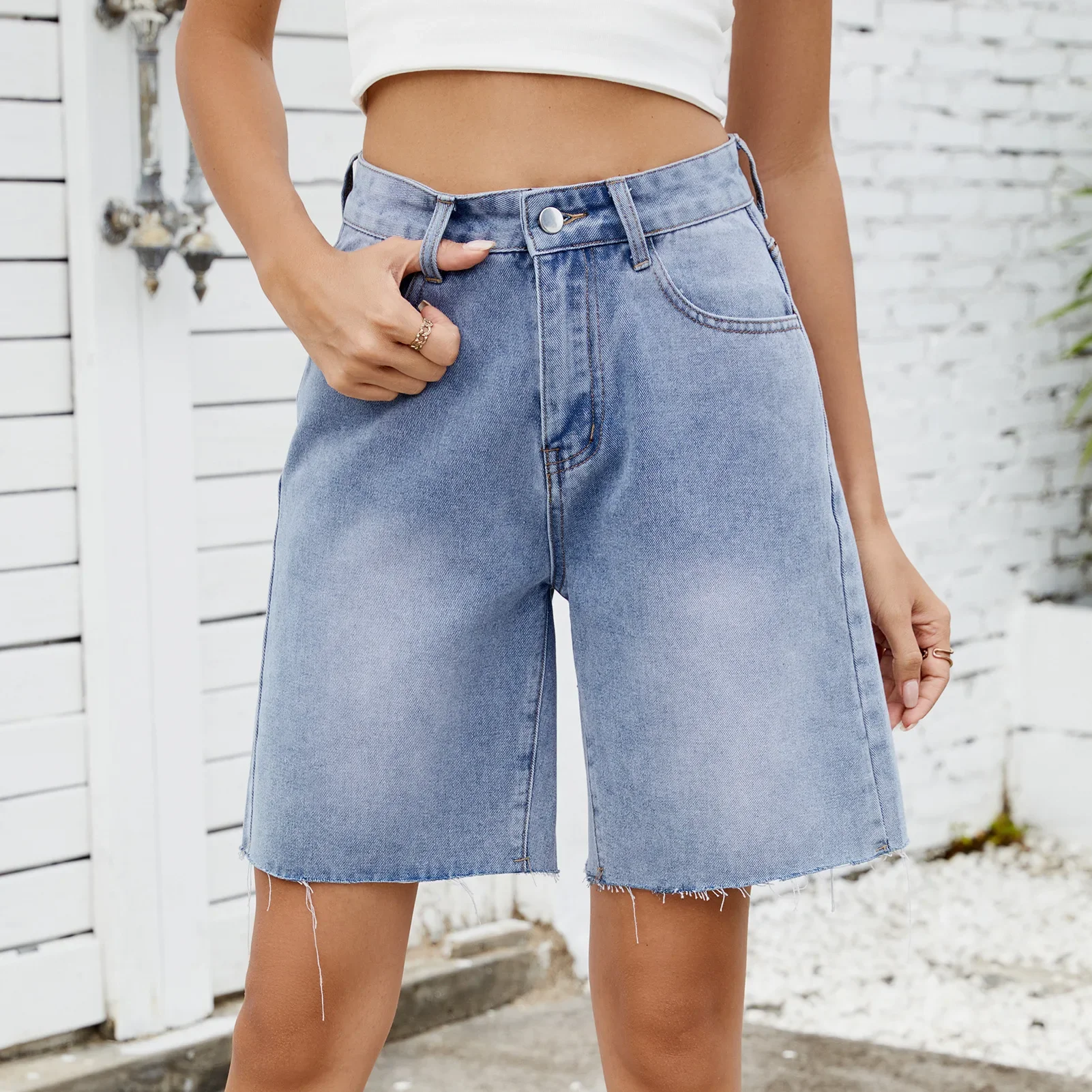 

Jeans Shorts Women Vintage Short Pants High Waist Distressed Washed Pockets Straight Trousers Streetwear Knee Length Denims