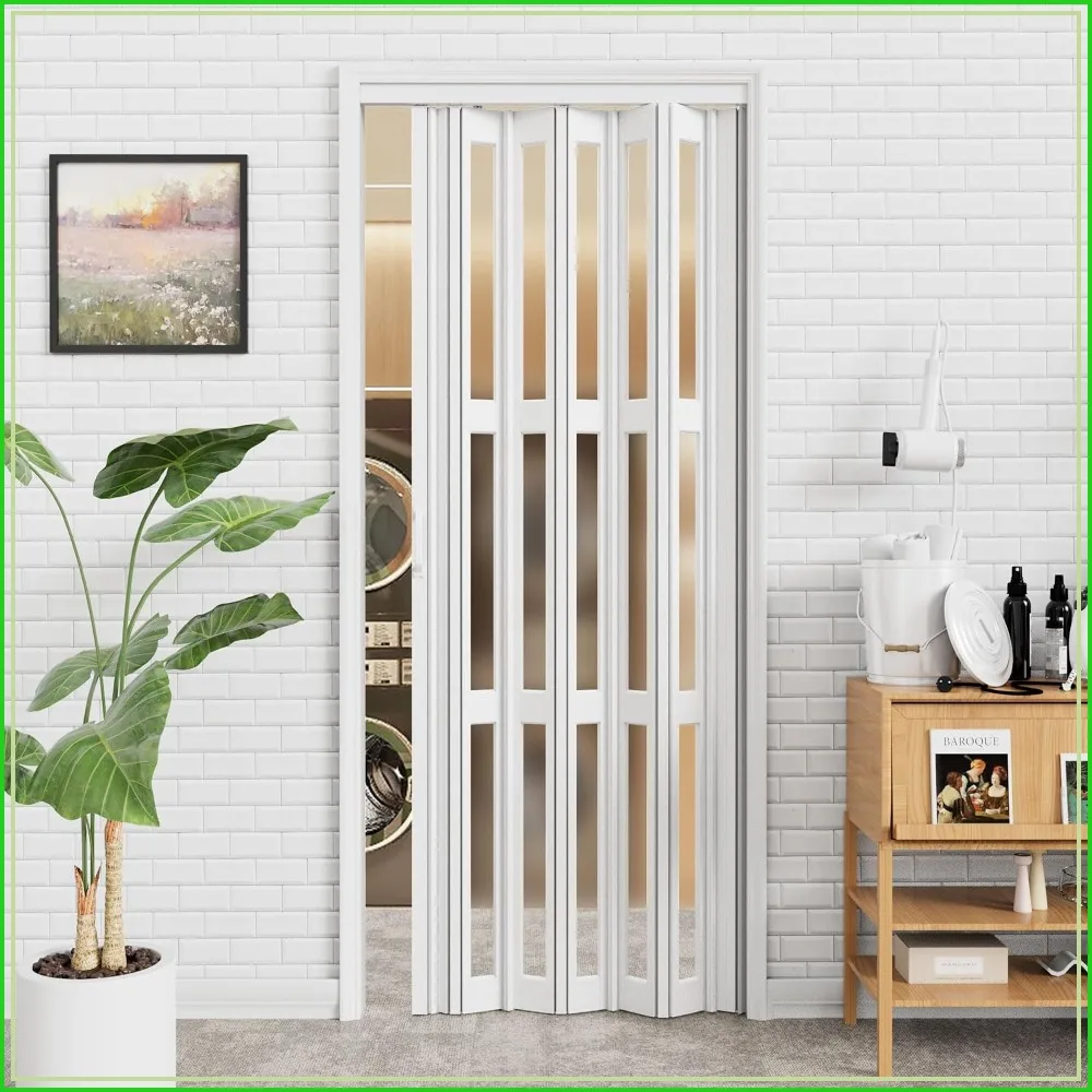 36x80 3-Lite Frosted Glass Accordion Door, Double Layer, with Handle