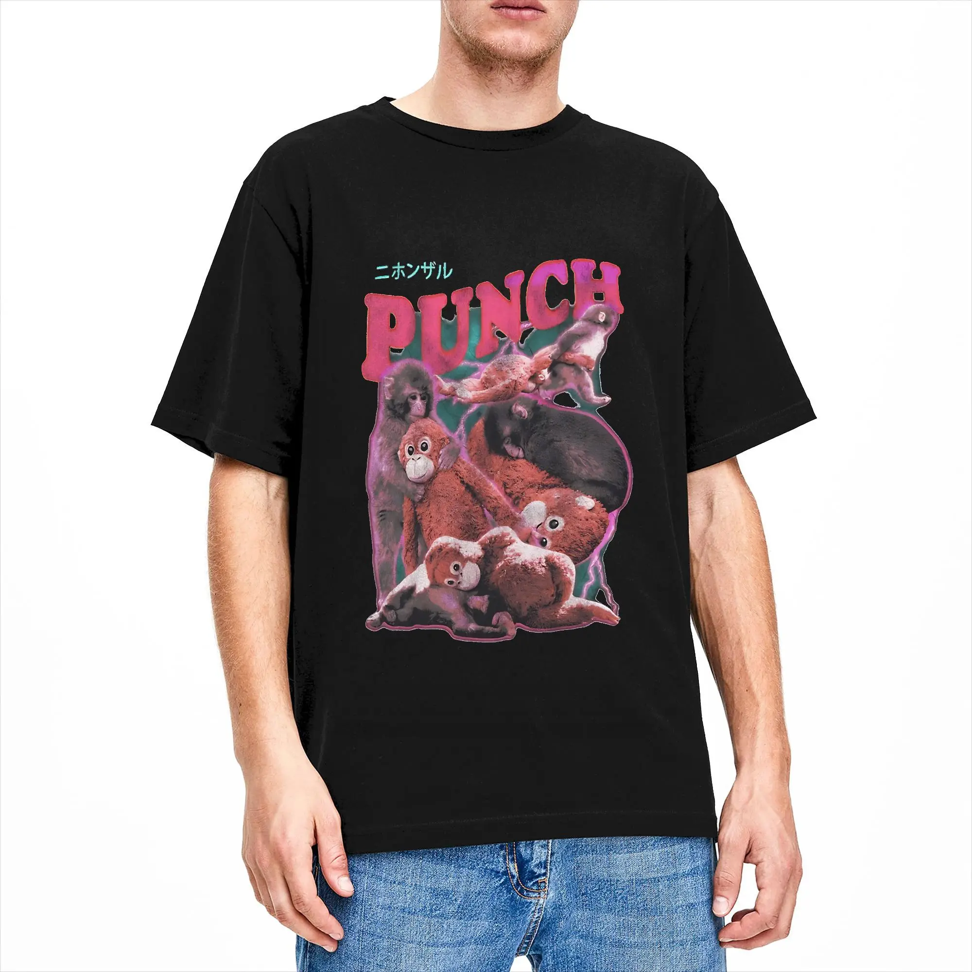 Punch Monkey Macaque Vintage Men T Shirts  Vintage Tee Shirt Short Sleeve Crew Neck T-Shirts Cotton Classic Clothes