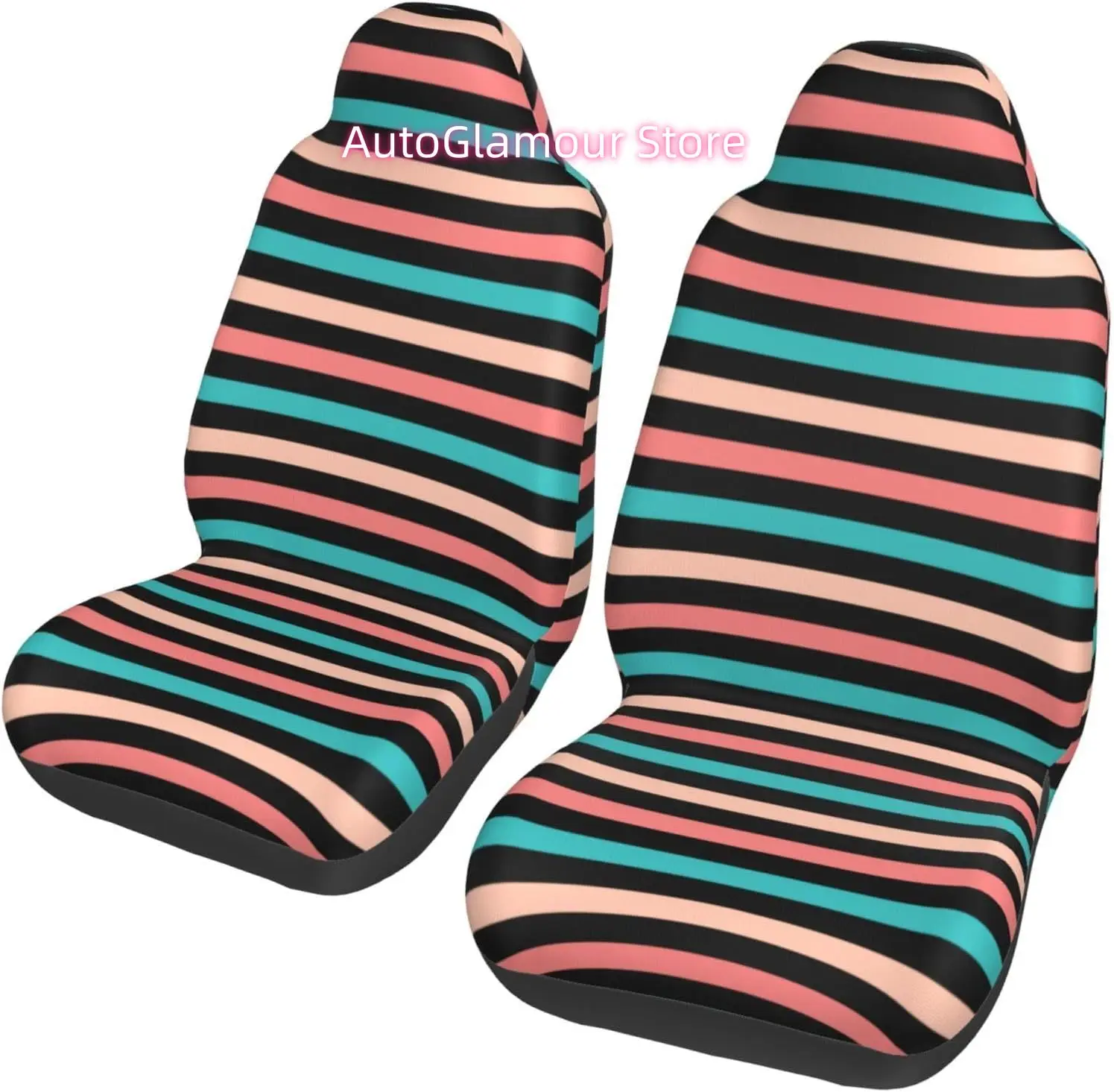 Coral and Aqua Blue Stripes Pattern 2-Piece   Seat Cover Complete Set - Elastic Seat Protection Cover for Cars, Tru