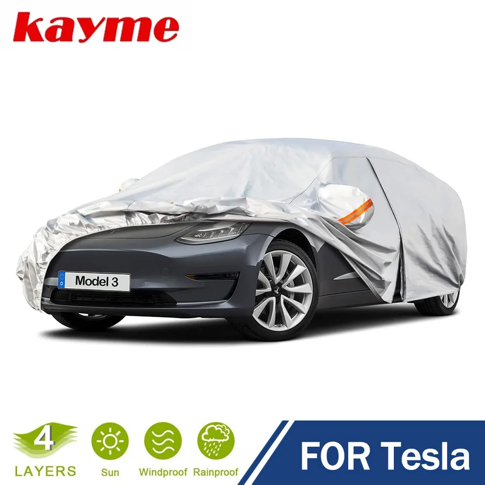 

Kayme 4 Layers Waterproof Car Cover Custom Fit For Tesla Model 3 Model S Waterproof Outdoor Full Cover Rain Sun UV Protect