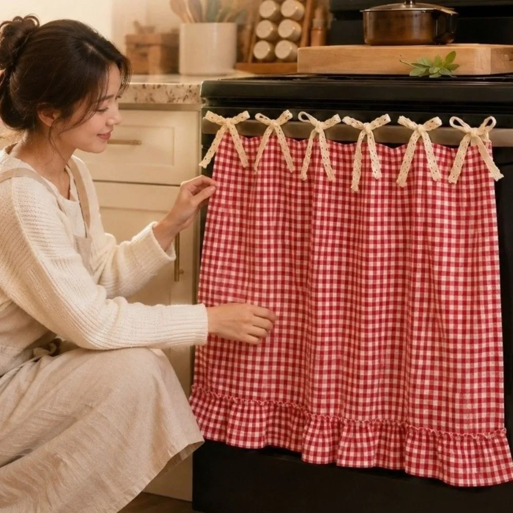 Durable Xmas Oven Decor Curtain Printed Pattern Christmas Tree Appliance Cover Bow Plaid Kitchen Decor Protective Curtain