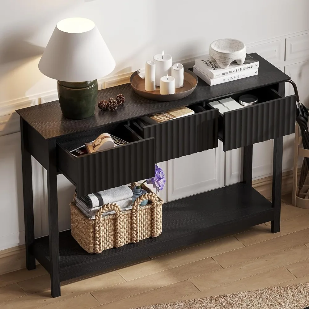 47 طاولة كونسول مخدد مع 3 أدراج، طاولة مدخل طويلة ضيقة مع مساحة تخزين ورف، طاولة أريكة من طبقتين خلف الأريكة