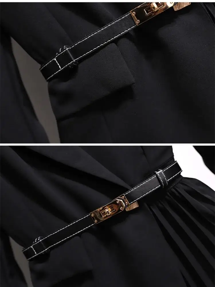 Falso abito blazer intero patchwork con cintura pieghettata vintage in due pezzi Elegante abito longuette da ufficio da donna a maniche lunghe con intaglio