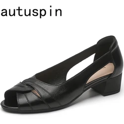 AUTUSPIN marka kobiet buty letnie prawdziwej skóry Hollow Lady czółenka kobiece eleganckie Peep Toe oddychające grube czółenka kobieta