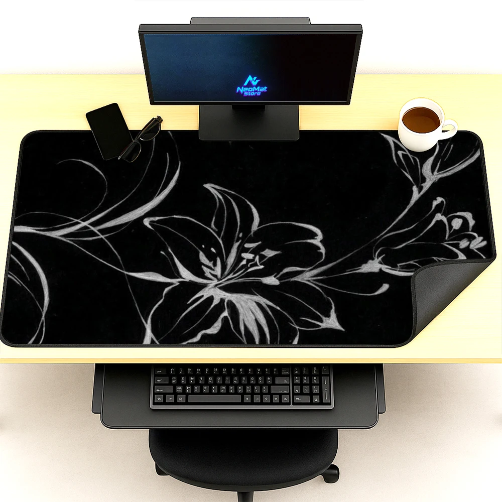Floral Mouse Pad Keyboard Mat Lily Black White XXXL Gaming 140x60 Elegant Minimalist Large Mousepad Computer Accessories Playmat