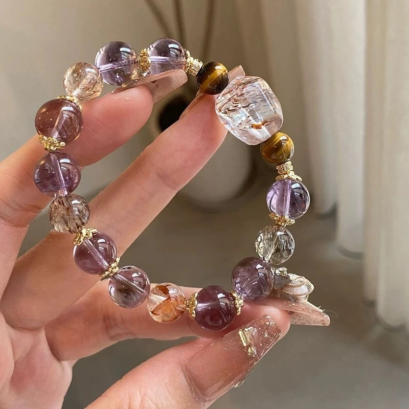 Natural Amethyst Bracelet, Unisex  Amethyst, Yellow Tower Crystal, Tiger's Eye Stone, Black Gold Super Seven Bracelet
