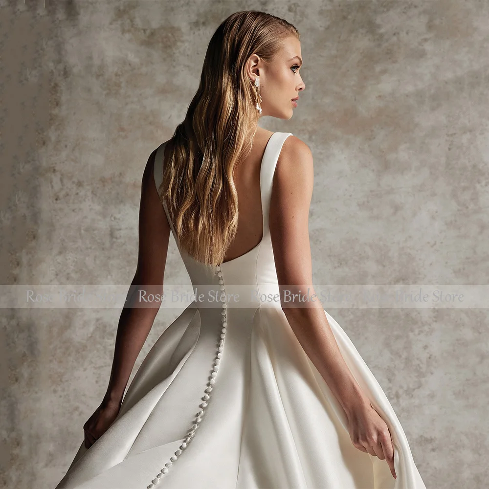 Elegante Brautkleider aus Satin mit quadratischem Kragen, A-Linie, rückenfrei, einfache Brautkleider für Frauen, 2025, Brautknöpfe, modernes Brautkleid