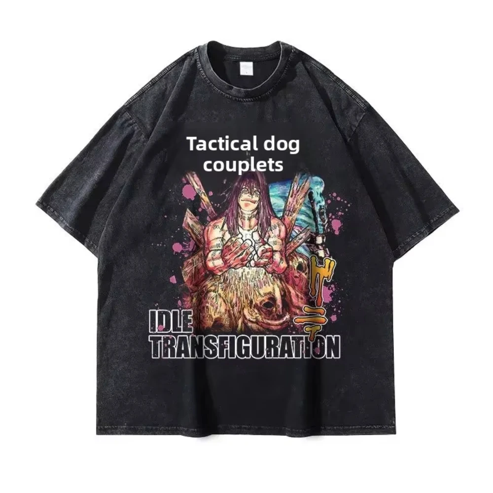 

New 2025 Fushiguro Toji Vintage Washed Anime J-Jujutsu K-Kais T-Shirt Women's Fashion Elasticity Short Sleeve Turn-down Collar