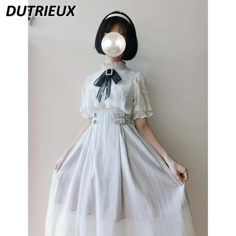 

Japanese Rojita Short Sleeve Waist-Controlled Maxi Dress Sweet Women's Cloak Mesh Big Bow Lace Elegant Stitching Long Dresses