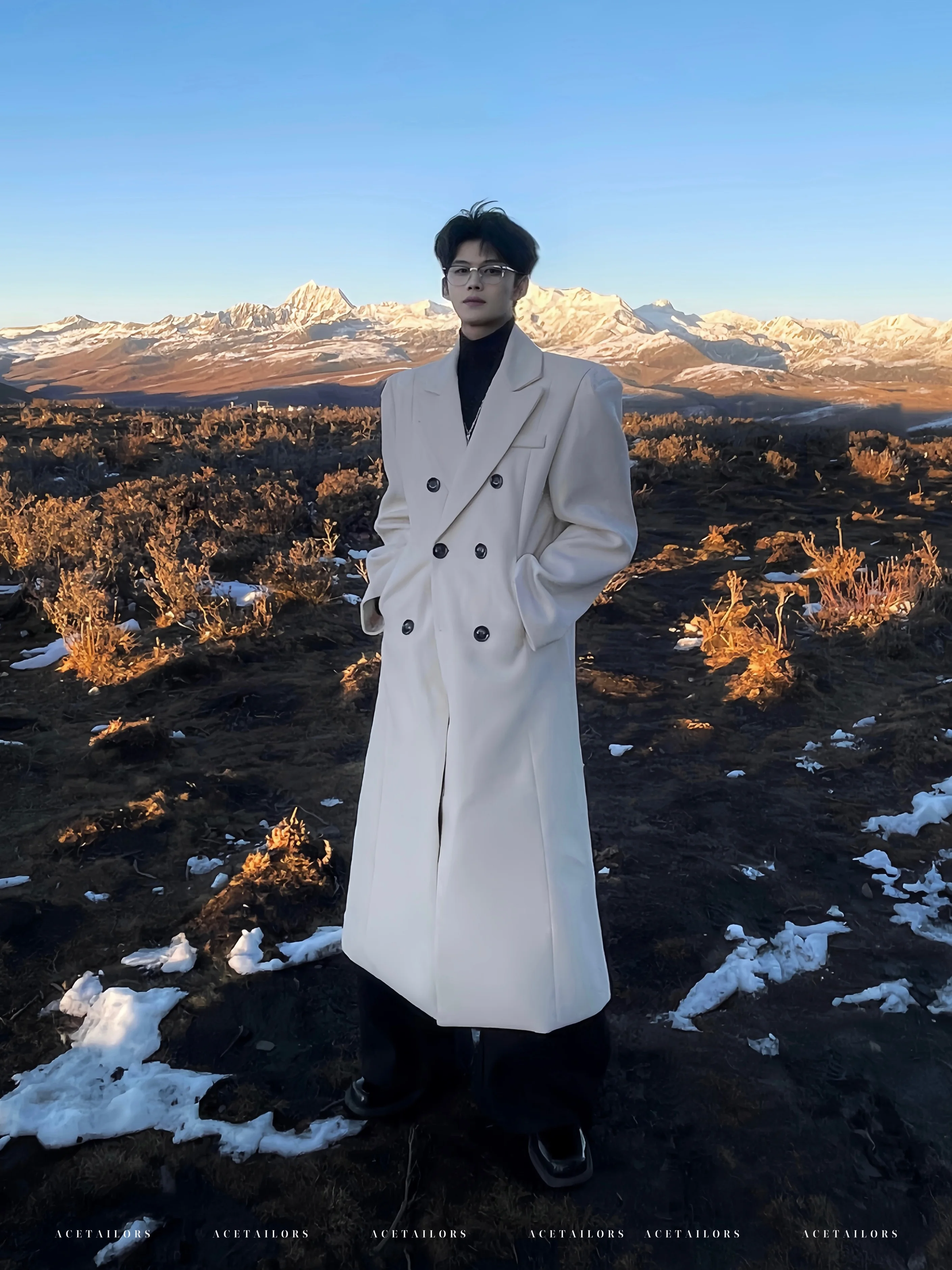Elegant Retro Men's Woolen Coat Winter Long High Intelligence Sensation Suit Jacket Fashionable Urban Style Metal Decoration