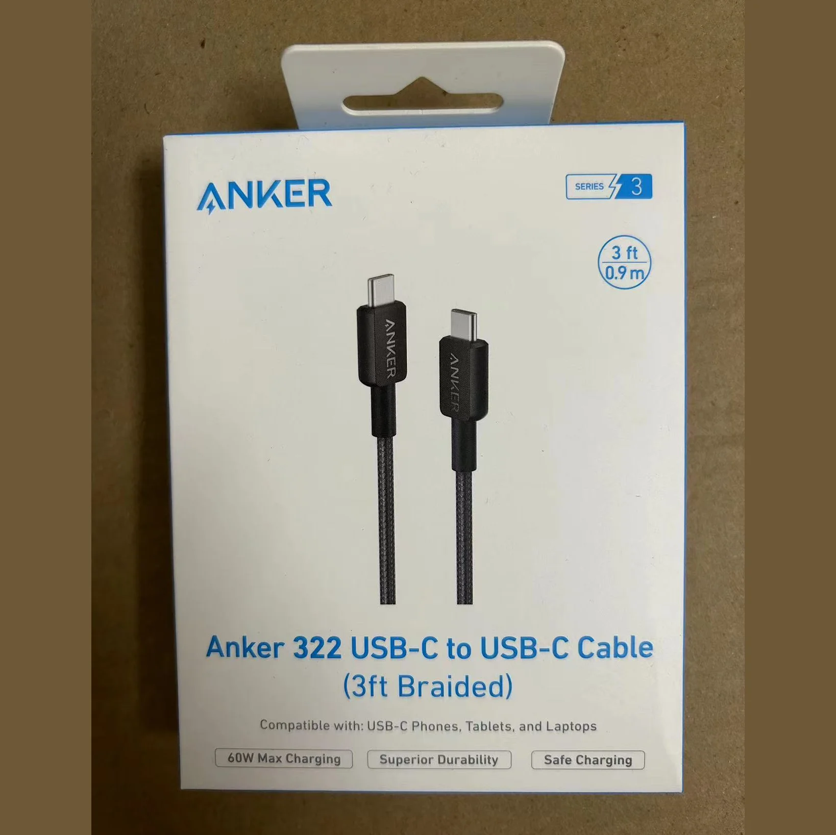 Anker 322 USB-C a USB-C Cable de carga máximo de 60 W Trenzado de 3 pies Compatible con USB-C Teléfonos Tabletas y portátiles