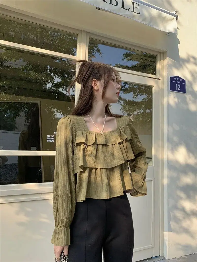 Blouses Women Spring New Design Ruffles Aesthetic Solid Clothing Tops Square Collar BF Sweet Leisure All-match Breathable Femme