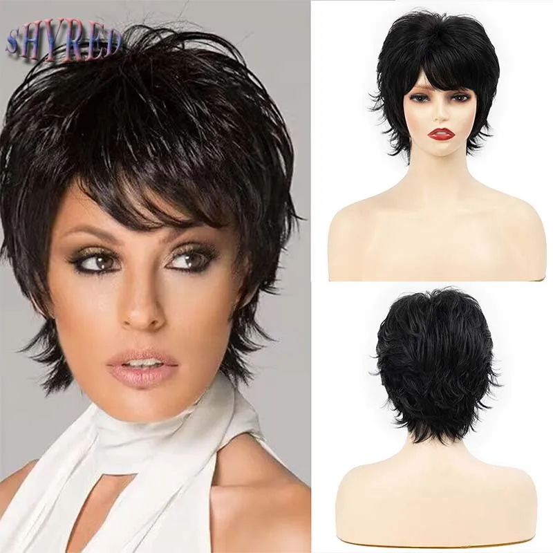 

Women's Fashion Short Synthetic Wigs Pixie Cut Black Hair Costume Party Wigs for Woman Fluffy Curly Wavy Wig