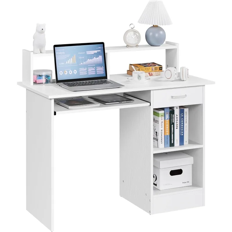 

Home Office Wood Computer Desk with Keyboard Tray and Drawers, Students Writing Table with Storage Drawers & Hutch, Mo