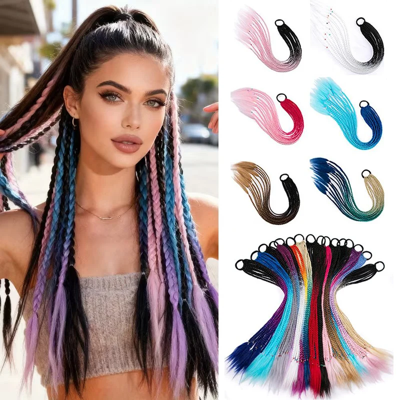 Synthetic Multi-Strand Rainbow Long Straight Braid Hair Extensions Elastic Rubber Band  Ponytail Hair Accessories for Women