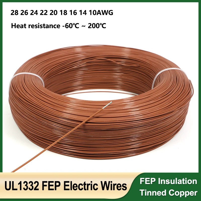 

1m ~ 100m Brown UL1332 PTFE Electronic Wire 28 26 24 22 20 18 16 14 12 10AWG FEP Insulation Tinned Copper Cables for 3D Printer