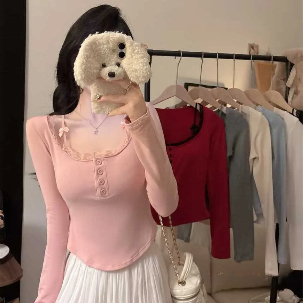 Sweet Style Long Sleeve T-Shirt Lace Patchwork Square Collar Women's Slim Fit Top Fixed Band Chest Pad Daily Wear Cotton Blend