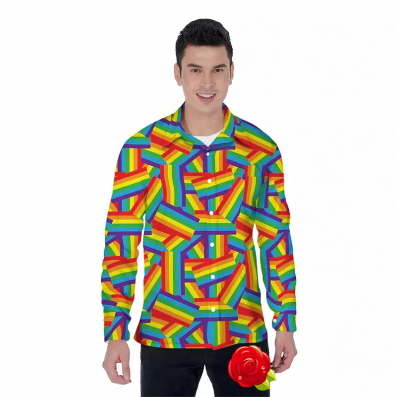 قميص بعلم قوس قزح للرجال ، علم فخر مثلي الجنس ، قمصان غير رسمية ، أكمام طويلة ، ملابس بأزرار ، قمم فخر للذكور ، بلوزات عتيقة ، الخريف