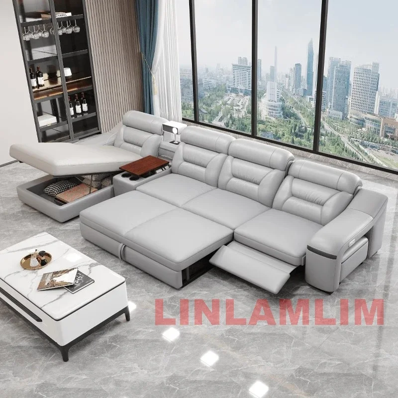 MINGDIBAO Modern Convertible Leather Sofa Bed, Sectional Sofa with Reclining Seats and stools, Comfortable Multifunctional Couch