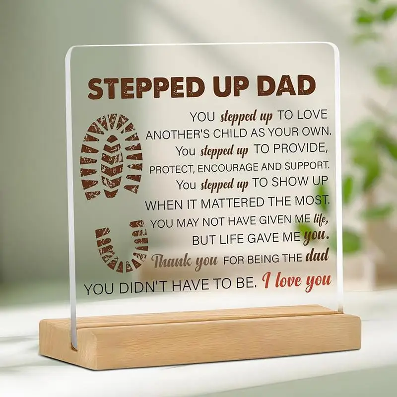 Stepped Up Dad Acrylic Sign Retro Dad Poster Wall Art Novelty Sign Gentle Reminder Desktop Ornament Father's Day Birthday Gifts