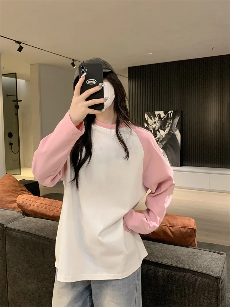 

Long Sleeve Sweatshirt Sweet Loose Autumn T-shirts Women Student Patchwork Tops Korean Style Leisure Cotton Chic Oversize 2023