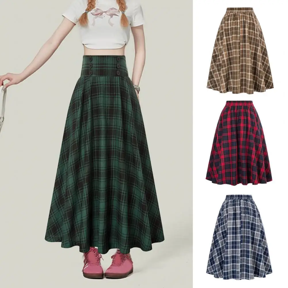 

Women High Waist Skirt Stylish Plaid Print Midi Skirt with High Waist A-line Design for Women Hem Detail for Effect Autumn