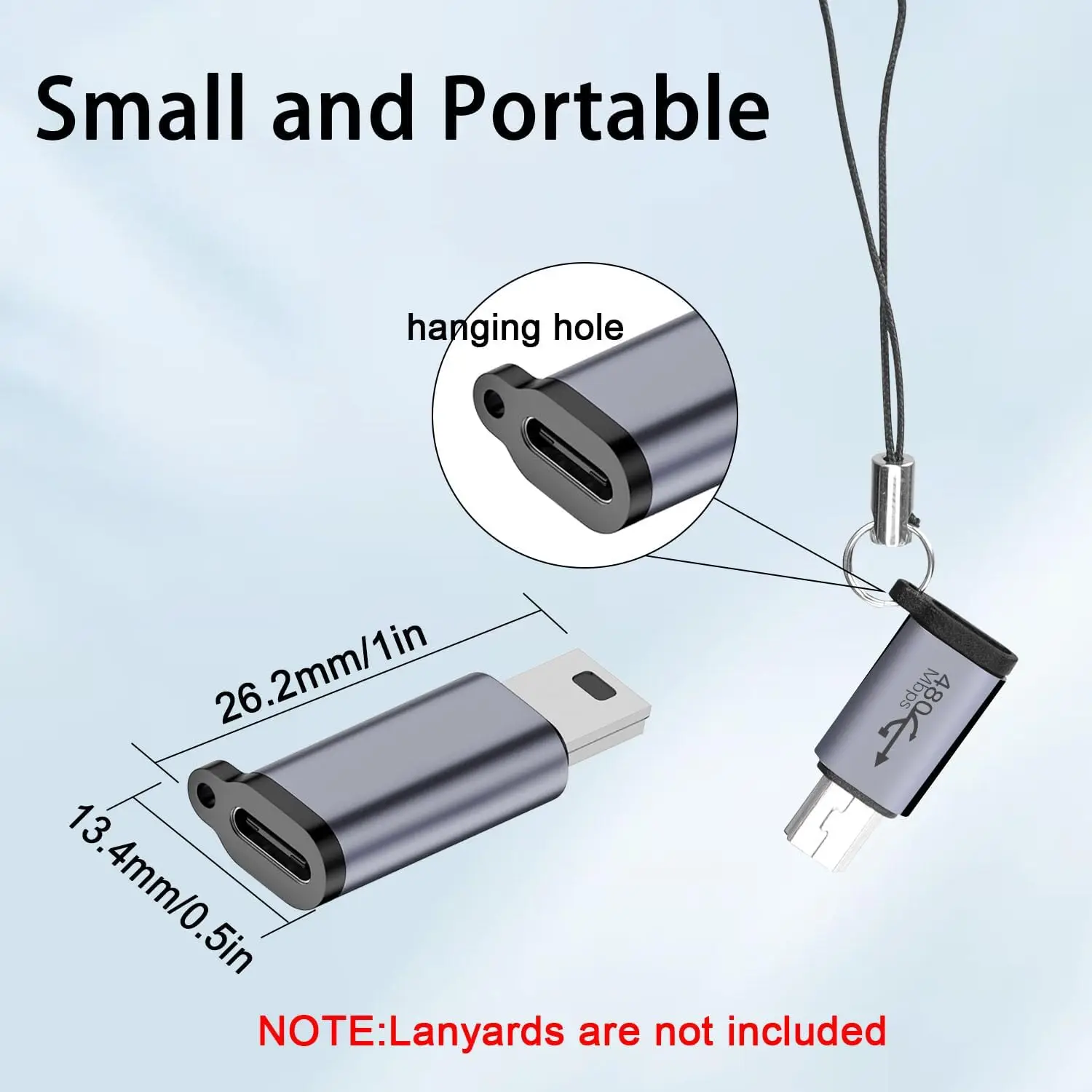 480Mbps Mini USB Male to USB C Female Adaptor 18W Mini USB Plug to USB C Jack Data Connector, Al Alloy/Hanging Hole, 2pack