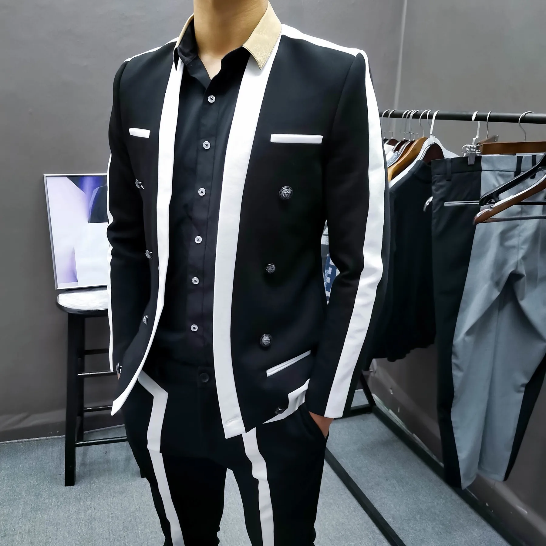 Trajes De Hombre Contrast Stripe Blalck White Suit Male Wedding Groom Suit Spring Disguised Men Slim Stage Outfit Men Party Suit