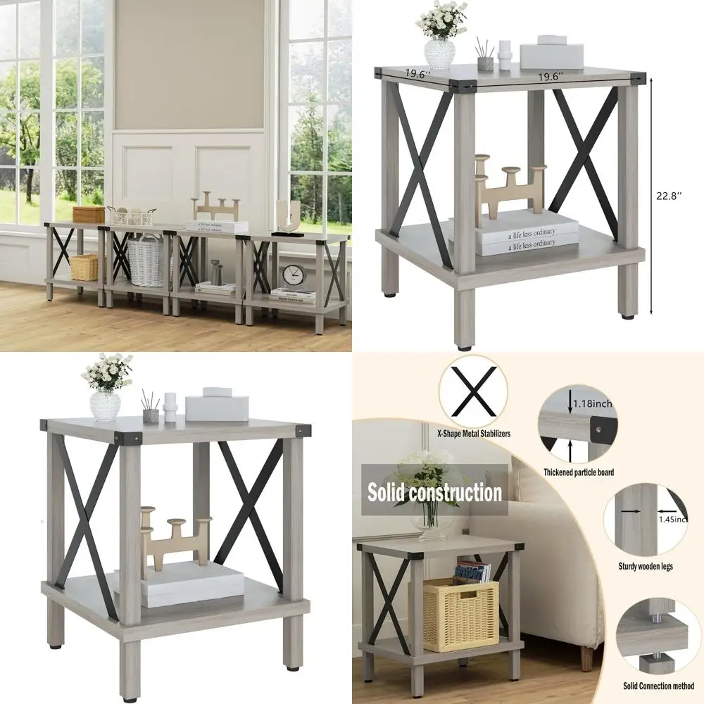 

Industrial Farmhouse Metal Accent Table with Storage Shelf, Oak and Grey Finish, for Living Room or Bedroom MLBZ16Z