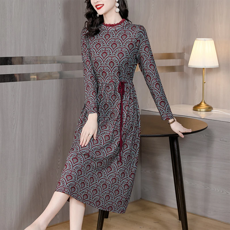 2023 Autumn/Winter New O-Neck Retro Print Long Sleeve Dress for Women Loose Large Waist Belt Slim Knee Length A-line Dress Gown