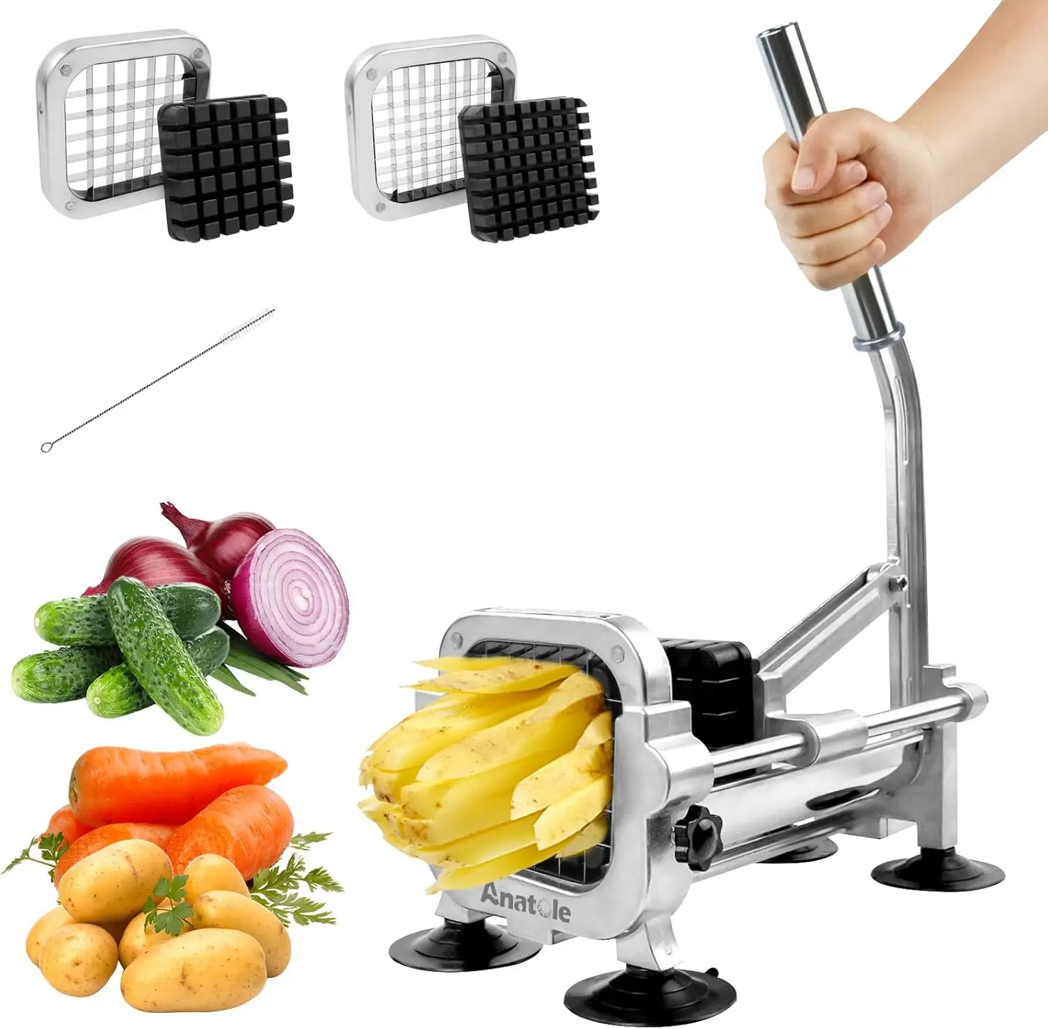 

Stainless Steel French Fry Cutter with 3/8'' & 1/2'' Blades, Manual Potato Slicer for Onions Carrots Cucumbers