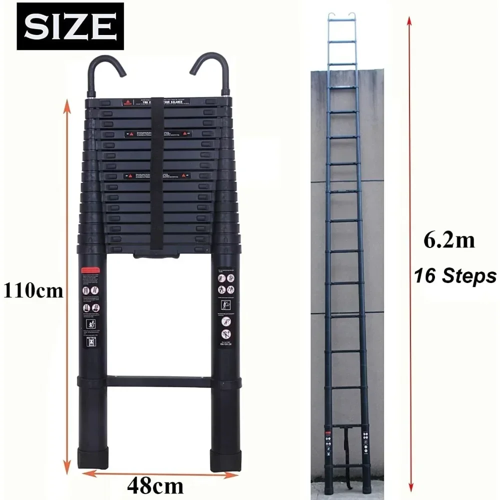 Échelle télescopique pliable en aluminium, extension télescopique avec poignées amovibles, crochet, charge sûre et compacte