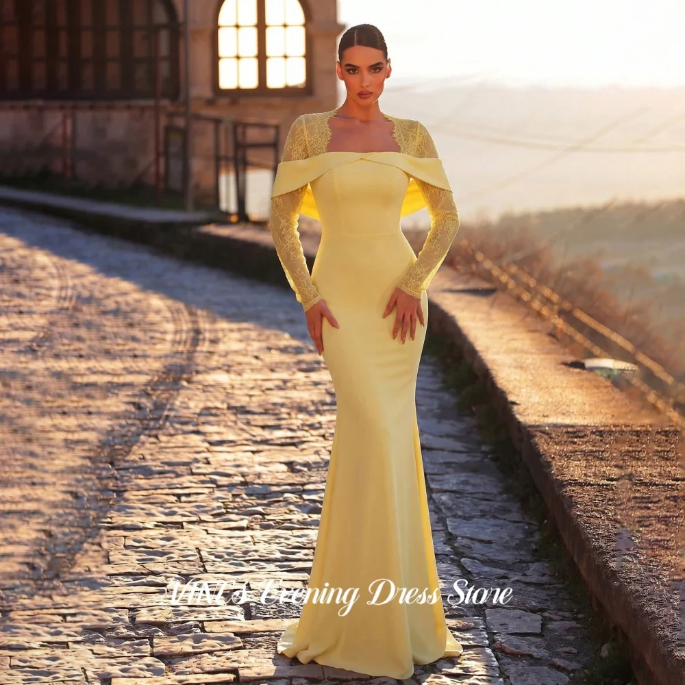 VINES Formal Women Pale Yellow Bateau Neck Prom Dress Lace Sleeves Elegant Evening Gown Fitted Mermaid Party Dress Customized