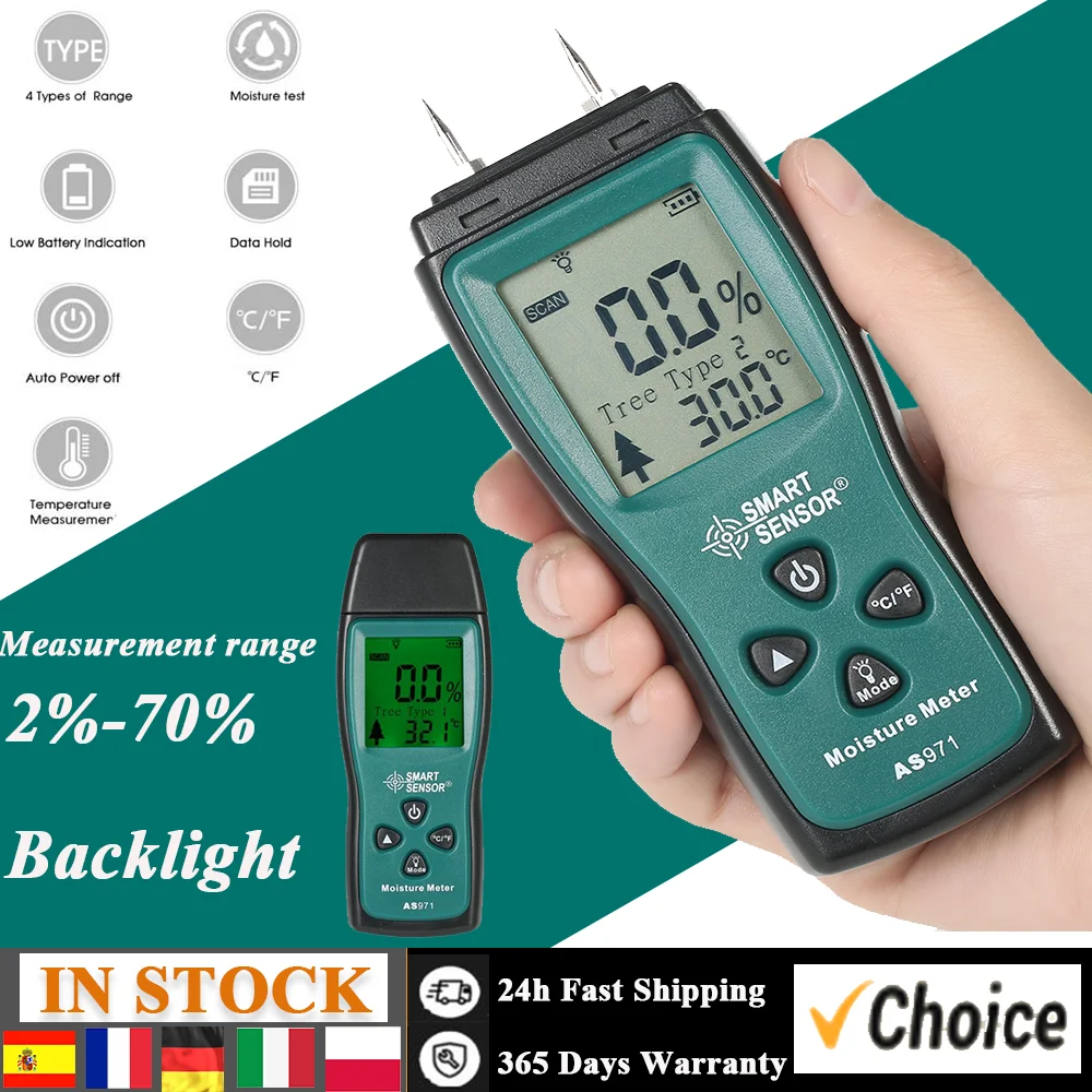 SMART SENSOR Handheld Mini Wood Moisture Meter Digital LCD Lumber Damp Meter Detector Tester 2 Pin Probe Range 2%~70%