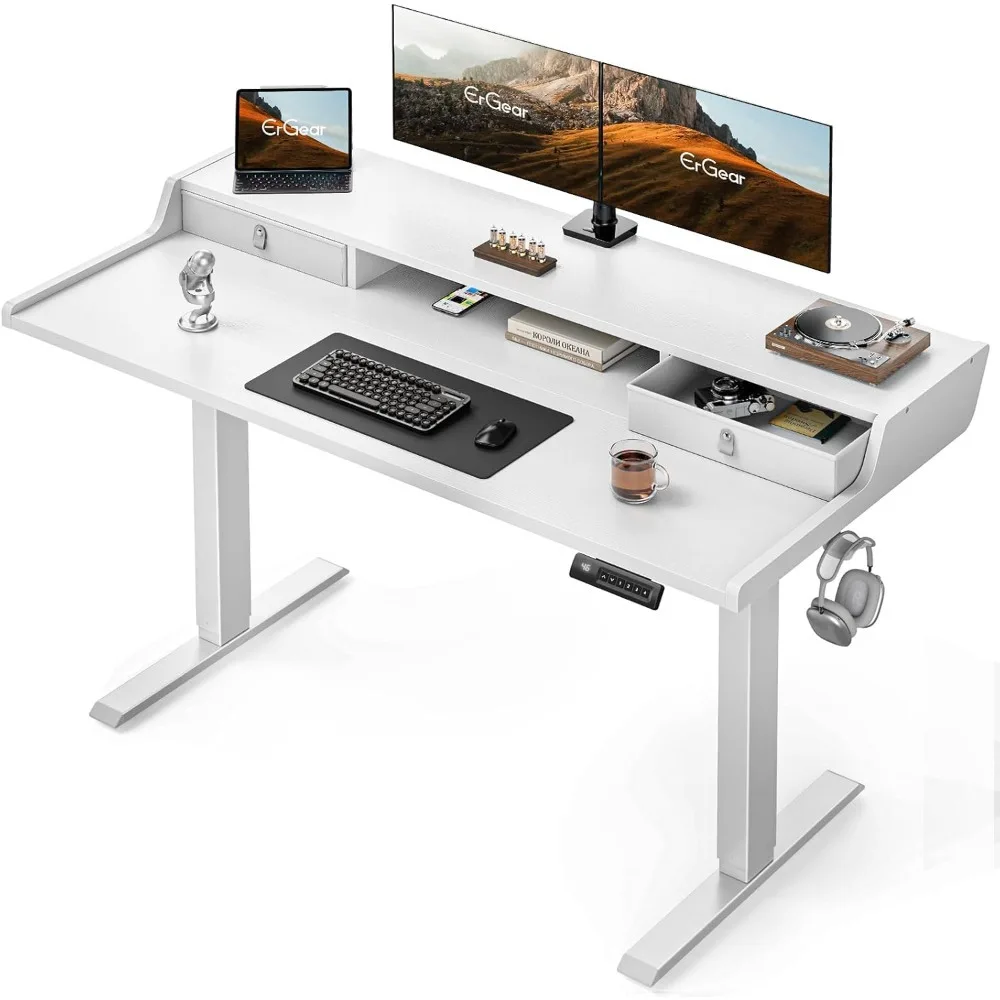 Electric Standing Desk with Drawers, 55″ x 28″ Gaming Desk with Monitor Stand, C-Clamp Mount Compatible, Home Office Heig