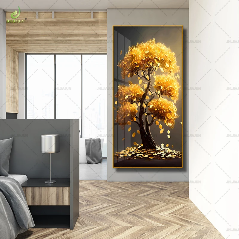 Popular New Gold Tree Money Tree Entrance Background Crystal Porcelain Mural Home Decoration LED Wall Art