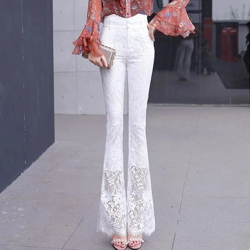 

Elegant Vintage Lace Hollow Out Flare Pants for Women 2022 Spring New Office Lady Commuter High Waist Sashes Button Trousers 3XL