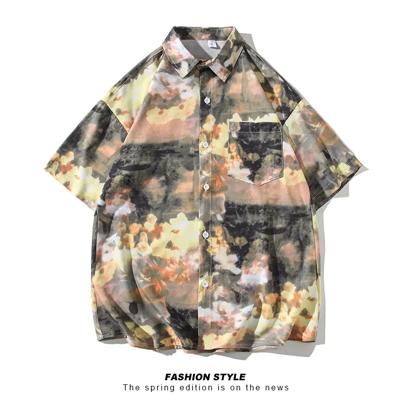 

American Summer Printed Shirt New Mens Fashion Ice Silk Cool Breathable Casual Tops Outfit Hombre Elegante Casual