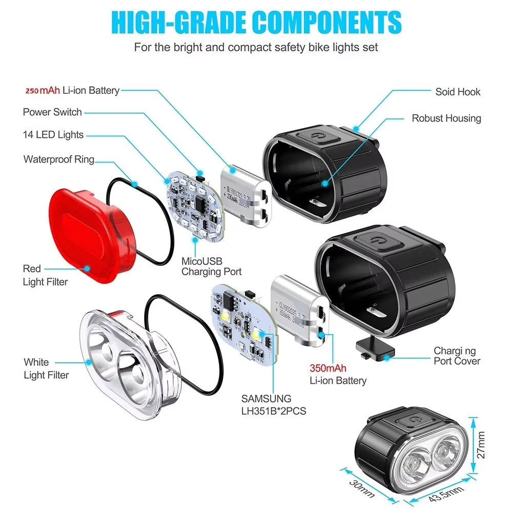 Juego de luces delanteras y traseras para bicicleta de montaña, linterna LED con carga USB, resistente al agua