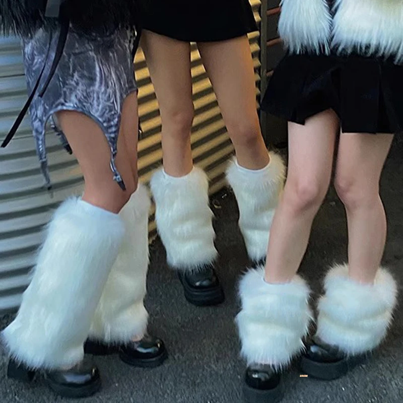 Y2K Goth White Black Faux Fur Leg Warmers Furry Boot Covers Lady Winter Warm JK Knee-length Hipster Warm Sock Fashion Leg Covers
