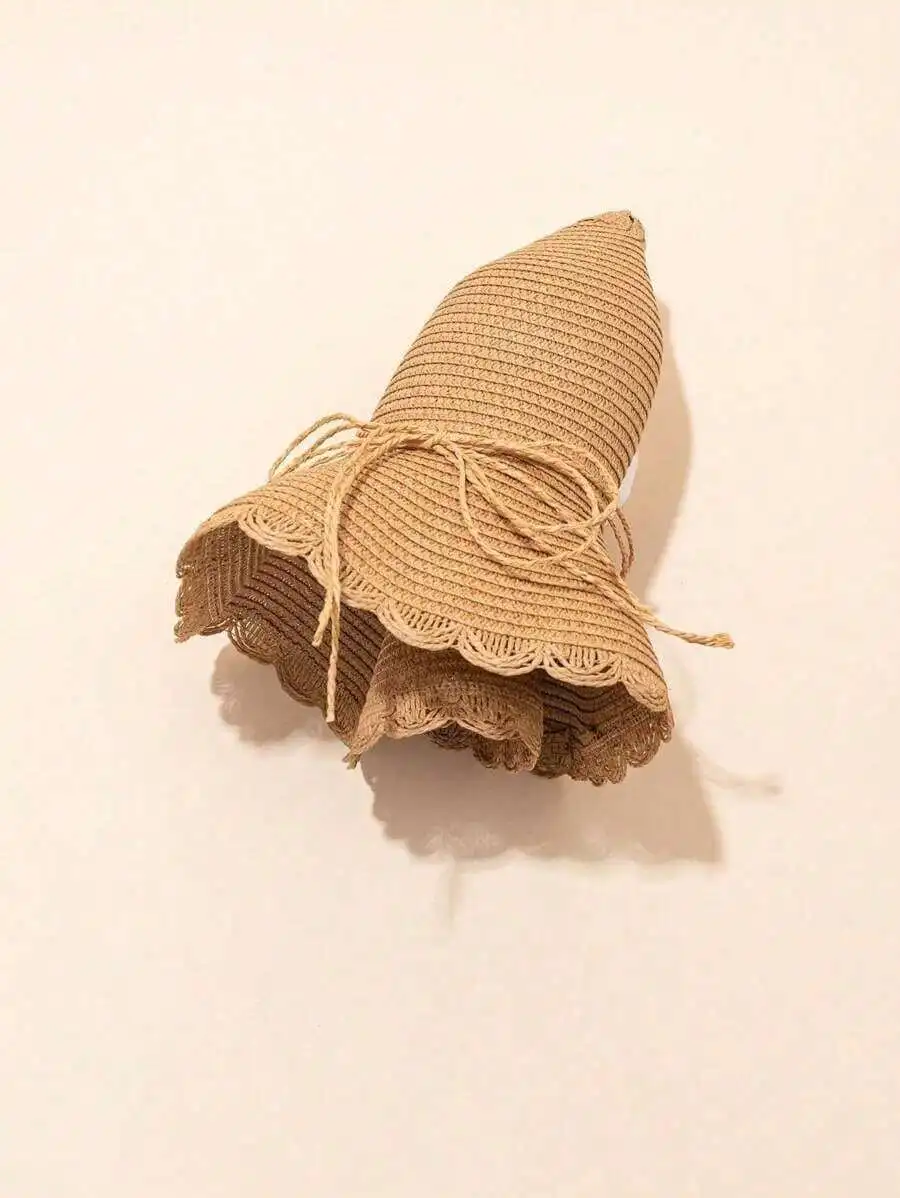 

Womens Khaki Wave Beach Hat With Lace Trim And Tied Bow, Elegant Summer Vacation Hat
