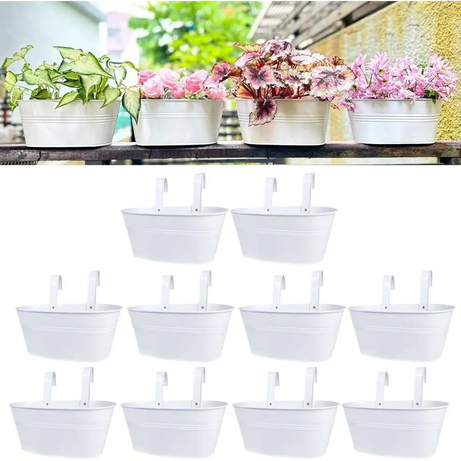 

Metal Iron Hanging Flower Pots, 10 Pack, 11.8 Inch Oval White Railing Fence Hanging Bucket Pots Countryside Style Window Flower
