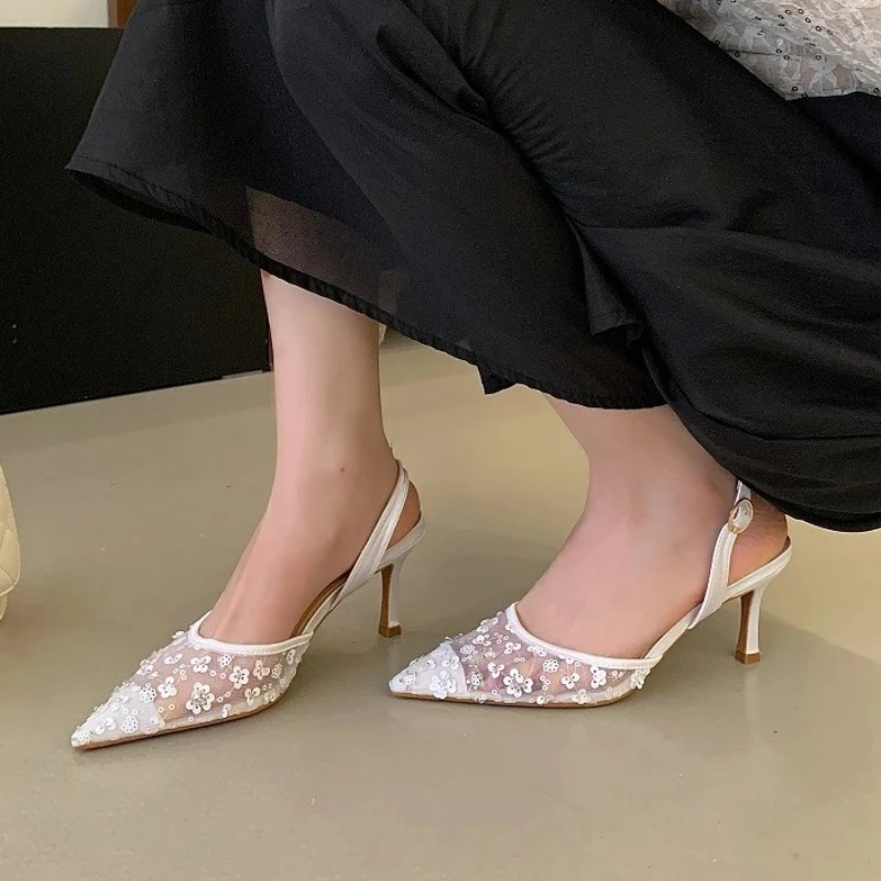 

Aneikeh Sexy Pointed Toe Lace Sequin Designer Thin Heels Slingback Sandals Pumps Fashion Hollow Out Mesh Women Ladies Shoes