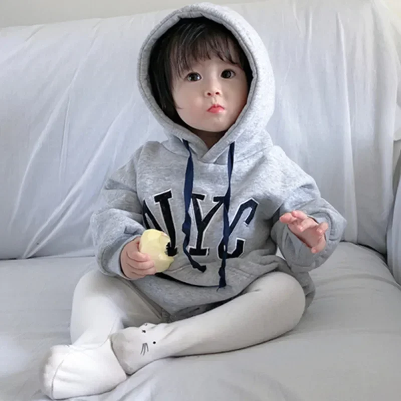 

2023 Spring Autumn Children Boys Romper Embroidery Letters Hoodie Jumpsuit Drawstring Sports Cotton Toddler Boys Outfit