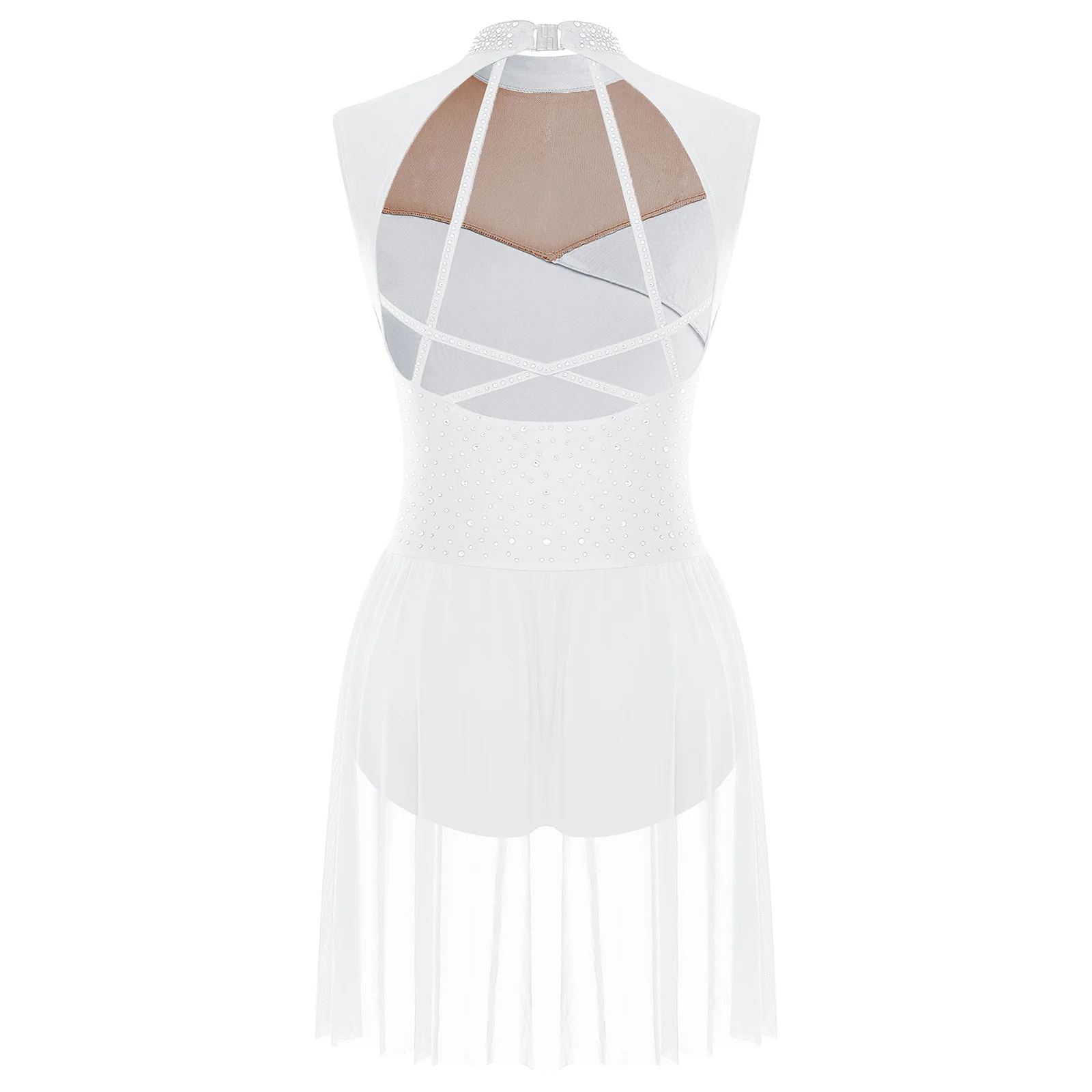 Justaucorps de danse lyrique pour femmes, strass scintillants, couleur contrastée métallique brillante, sans manches, jupe en maille froncée, body ballerine