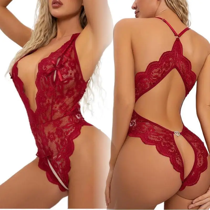 Sexy underwear large size lace deep V temptation open crotch sexy backless bow free jumpsuit night suit