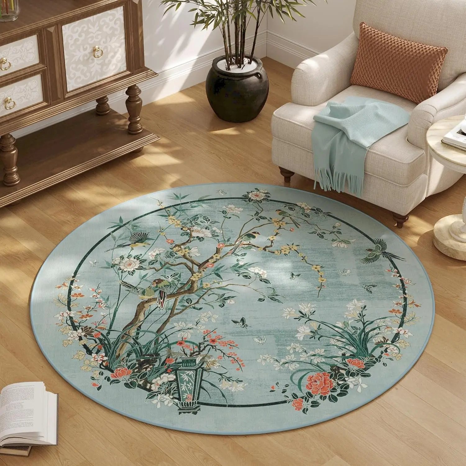 Chinese Style Flower & Bird Round Rug – Peony, Butterfly & Bamboo Motif for Elegant Living Room Home Decor