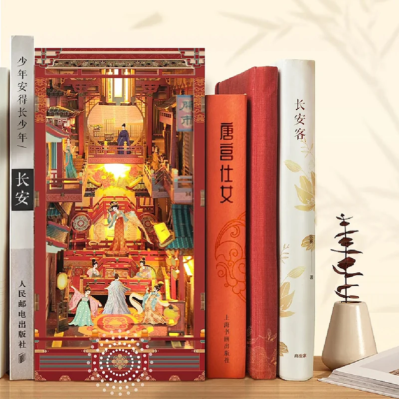 DIY Wooden Book Nook Shelf Insert Kit Miniature Building Kits Tang Dynasty Dinner Party Bookshelf with Light Bookends Gifts