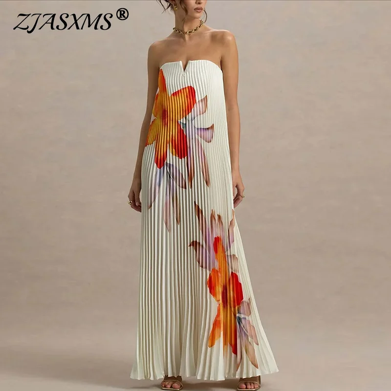 Spring Flower Print Strapless Evening Dresses Woman Elegant Sleeveless Hollow Long Pleated Dress Summer Backless Zips Boho Dress